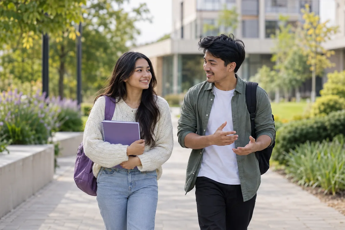 Illustrative AI image of two students walking and talking on a university campus.