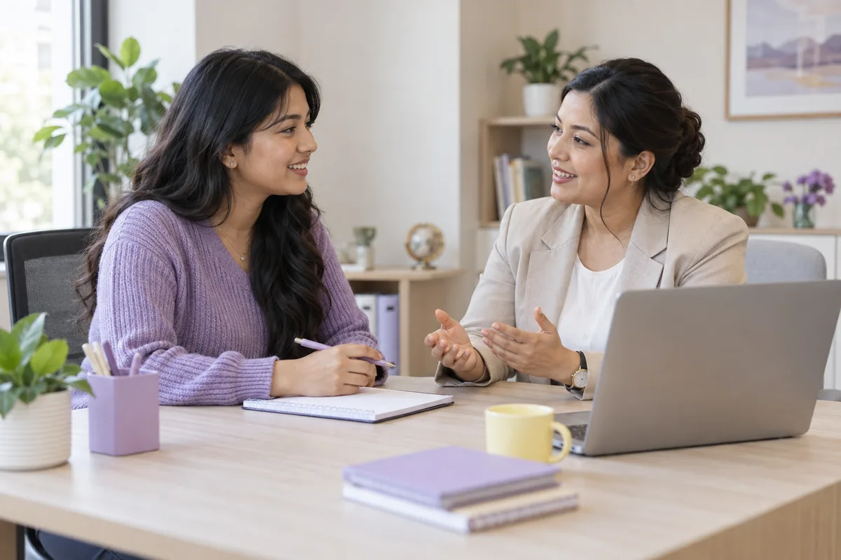 Illustrative AI image of a student discussing study plans with a counsellor at a desk.