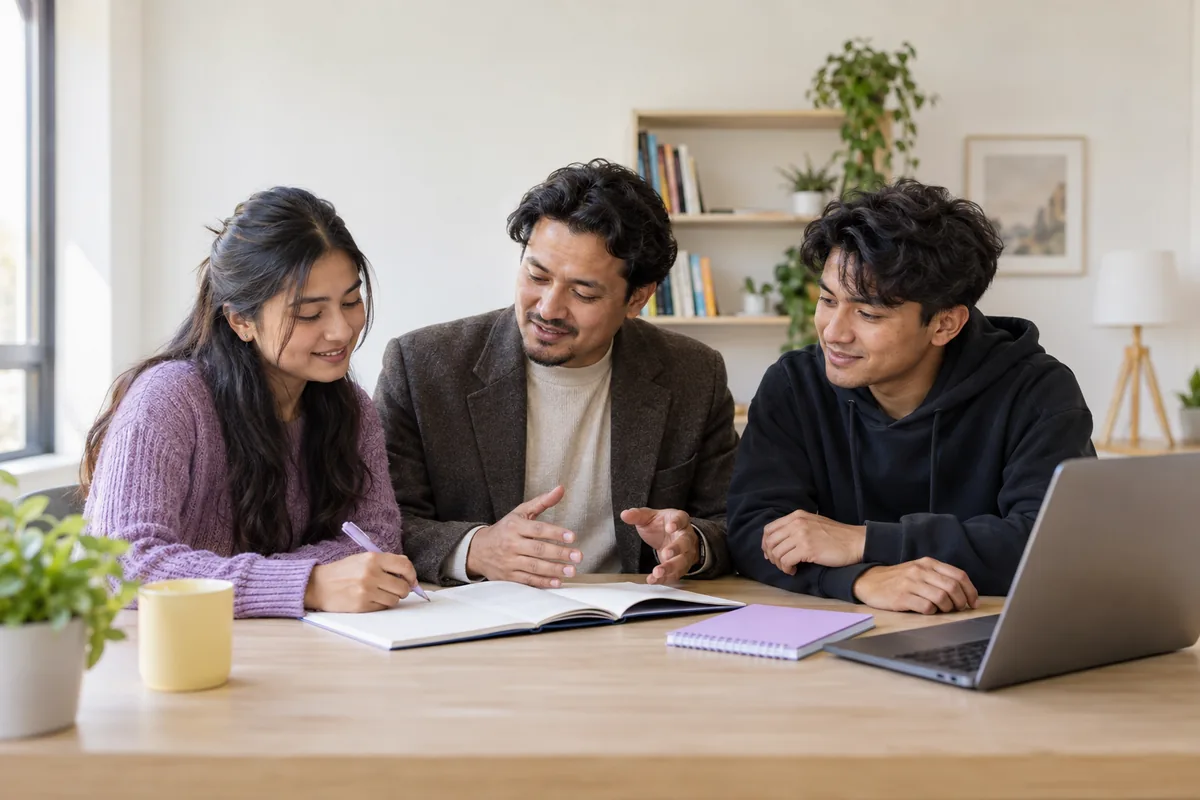 Illustrative AI image of a teacher guiding two students through a lesson with a book and laptop.