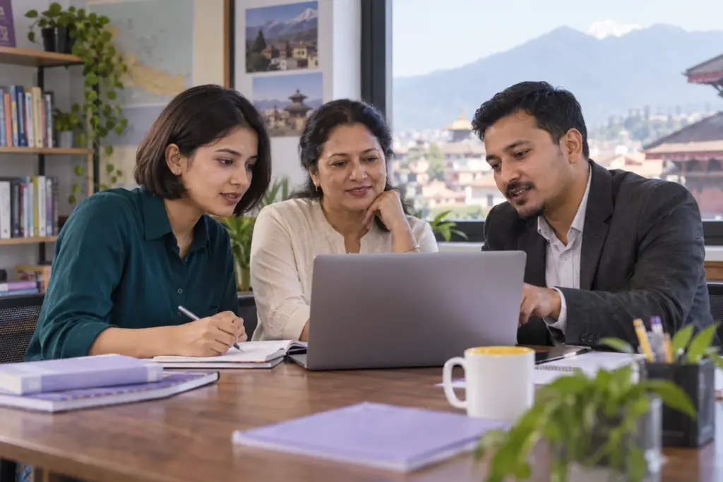 IELTS learner, parent and counsellor review a laptop study plan in Kathmandu