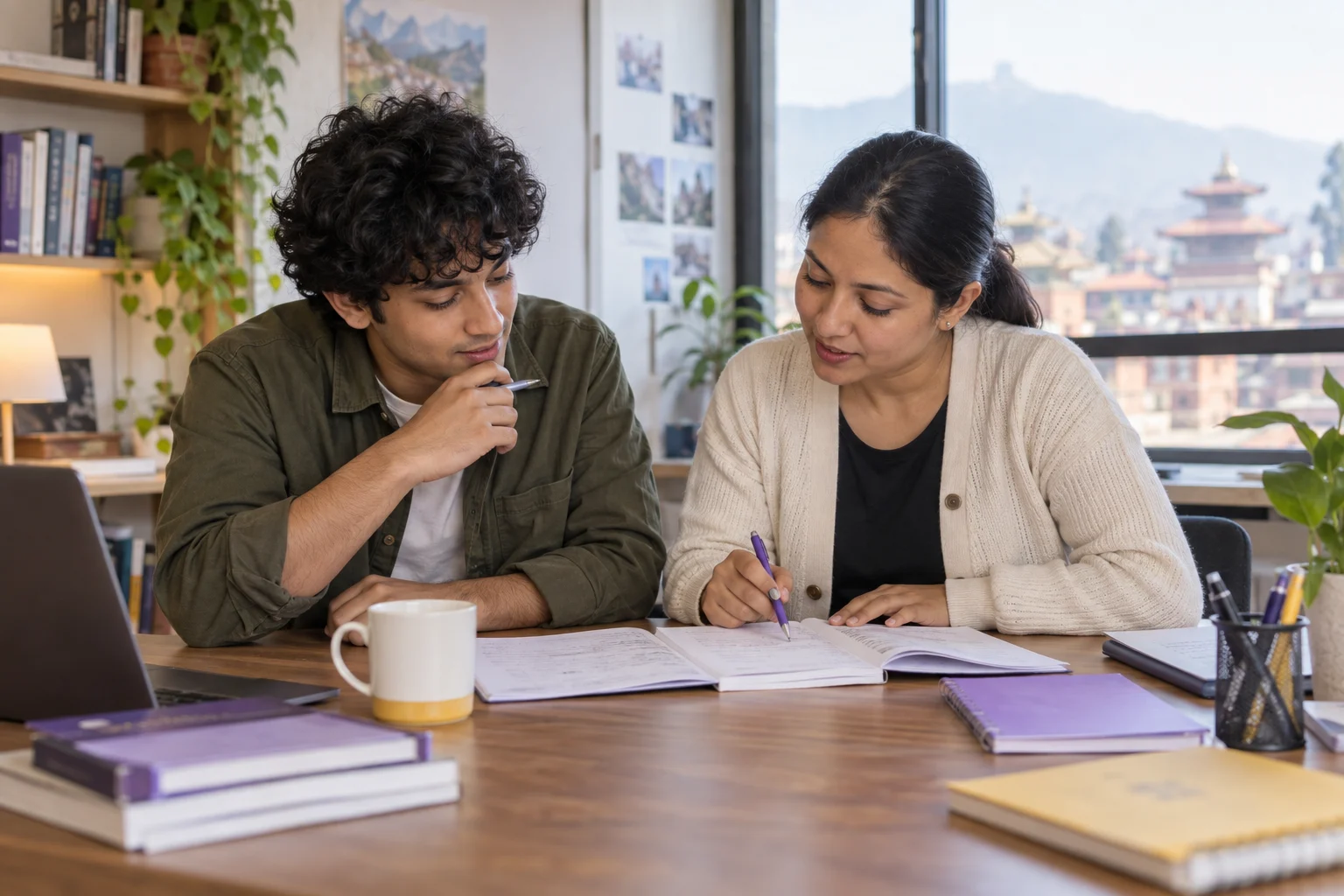 IELTS learner and tutor compare handwritten practice corrections