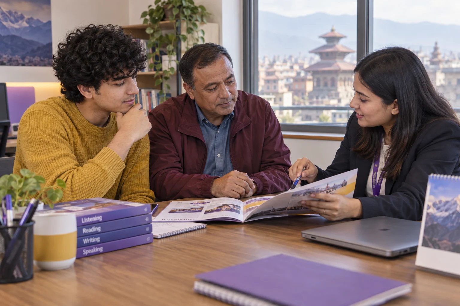IELTS learner, parent and adviser compare a class guide in Kathmandu