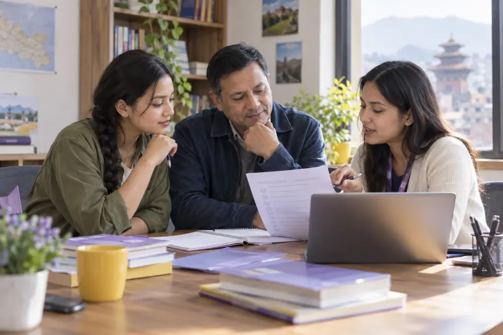 IELTS learner and adviser compare a course inclusion checklist on paper
