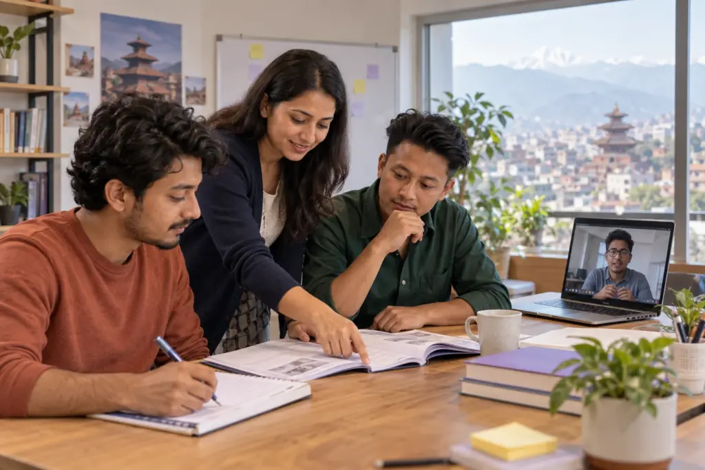 IELTS learners discuss a lesson with a teacher and remote participant