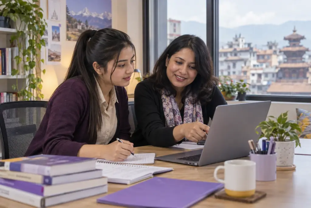 IELTS learner and tutor review a laptop study plan in a Kathmandu classroom
