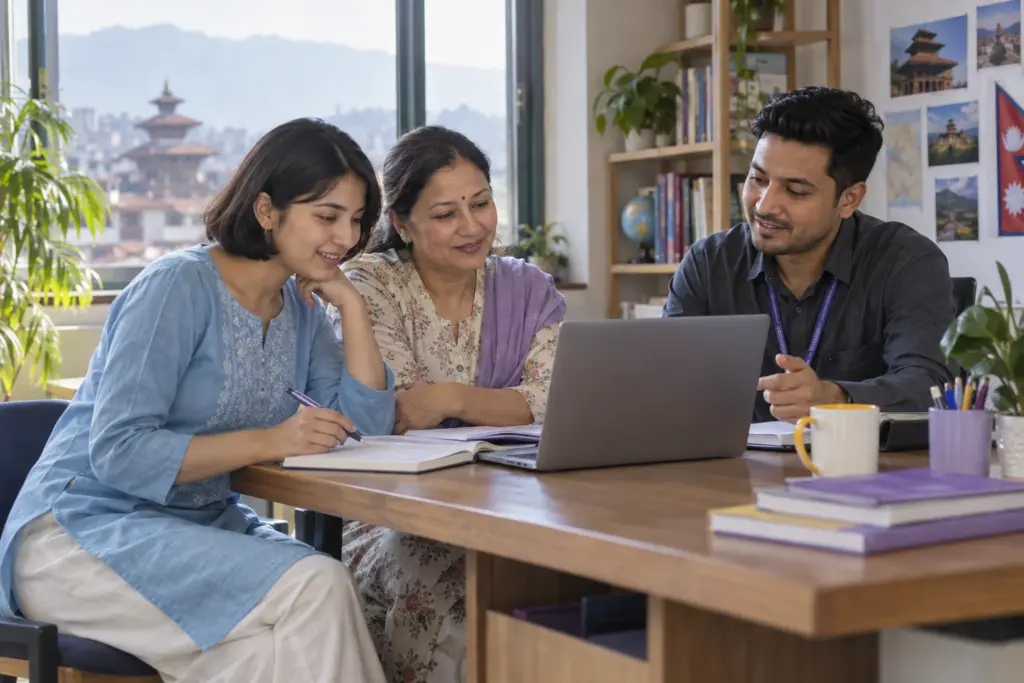 IELTS student, family member and tutor review a course plan on a laptop
