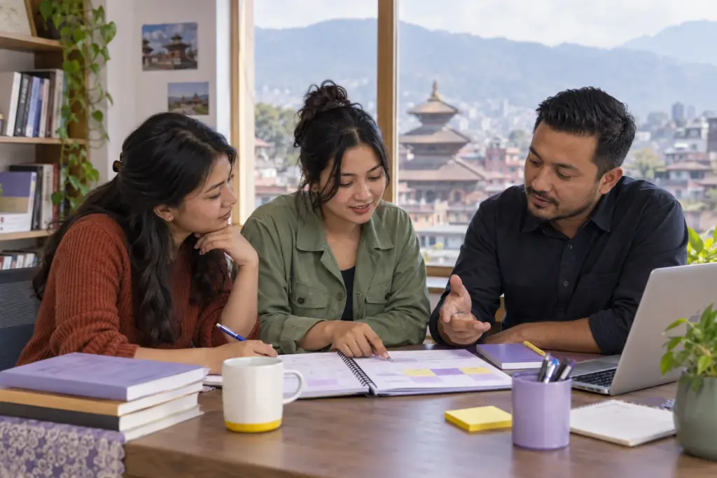 IELTS students and tutor compare a written preparation timetable