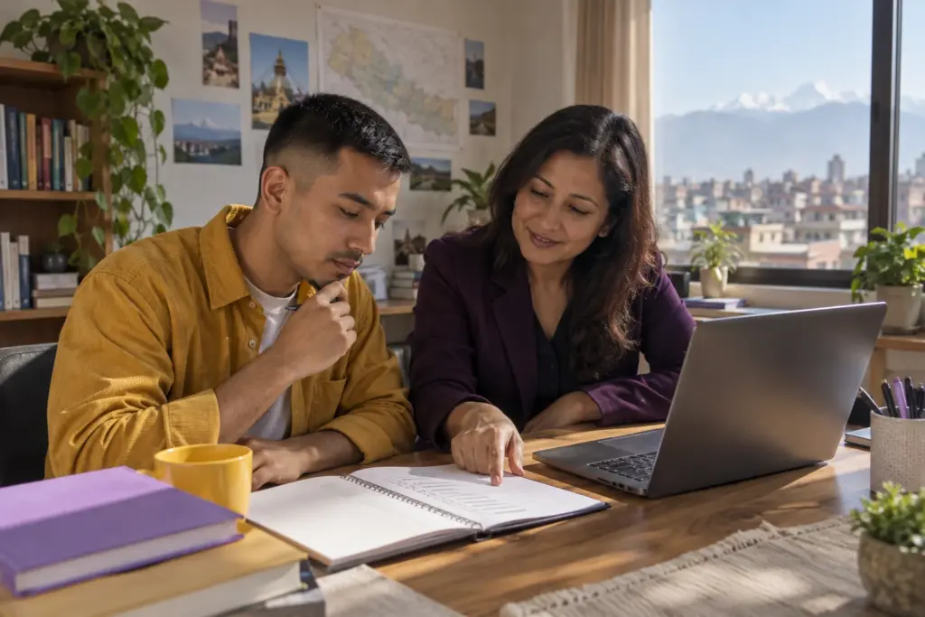 IELTS test fee planning discussion with a tutor at a study desk in Nepal