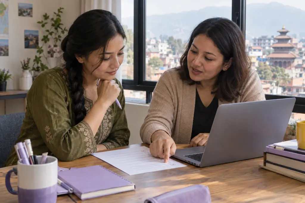IELTS booking steps reviewed with a tutor beside a laptop and checklist