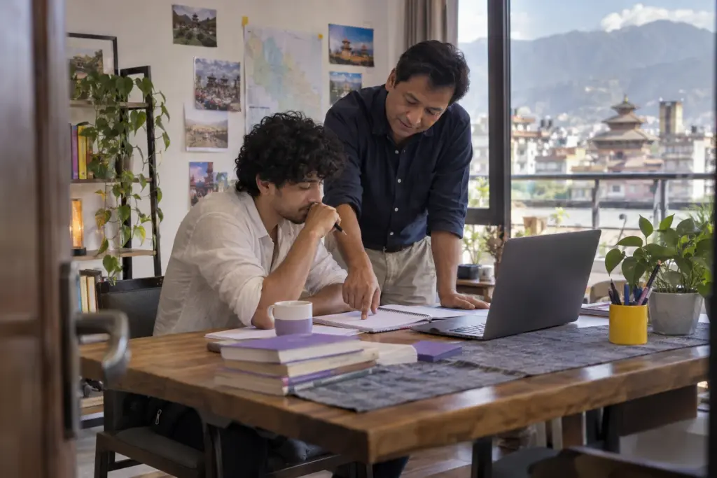 IELTS test centre selection discussed by a learner and tutor in Kathmandu