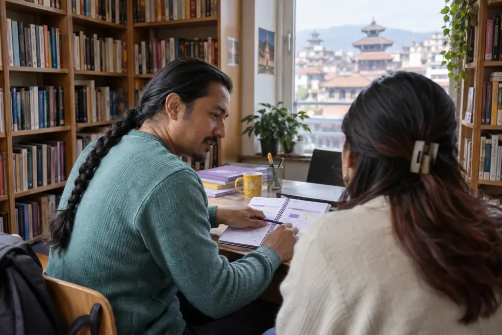 IELTS learner reviews result and score-report planning notes in a library