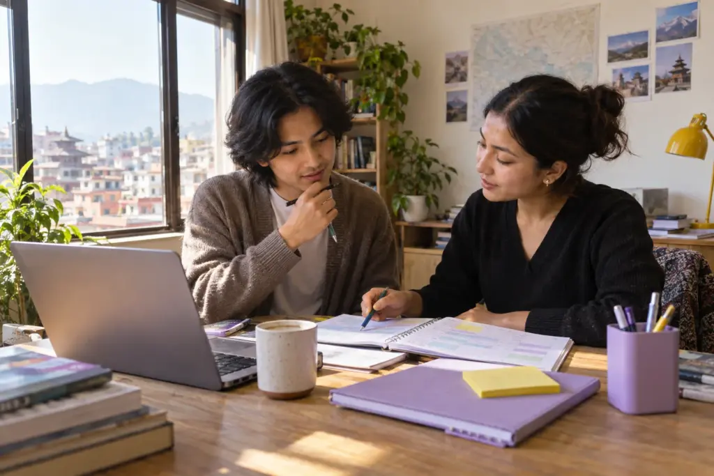 Nepali IELTS learner and tutor compare a Band 7 study plan at a Kathmandu desk