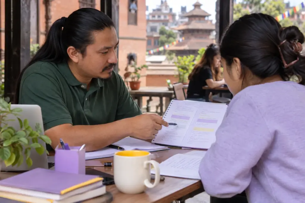 Nepali IELTS learner reviews a Band 6 to 7 study plan with a tutor in Kathmandu