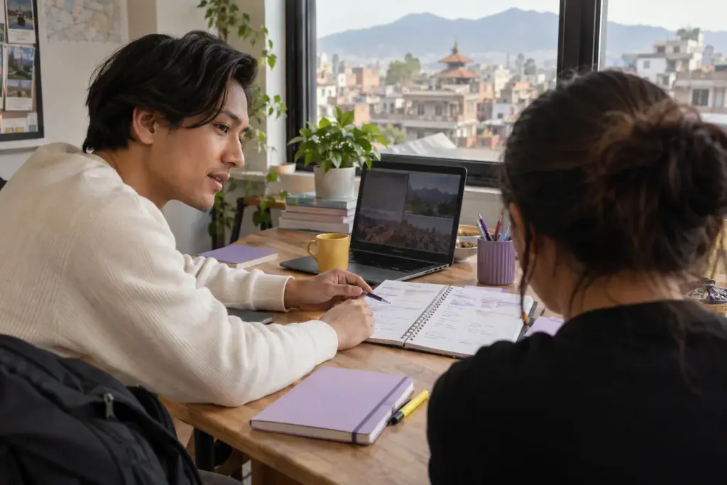 Nepali IELTS learner reviews a Band 8 study plan with a tutor after work