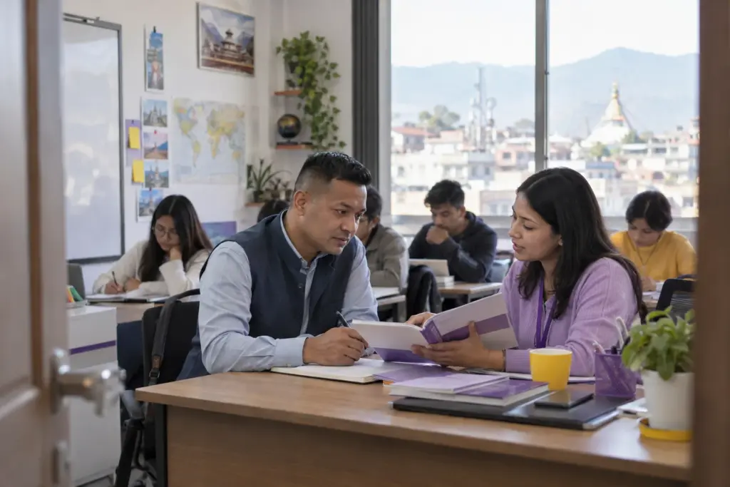 Nepali student and tutor discuss IELTS score requirements for study abroad