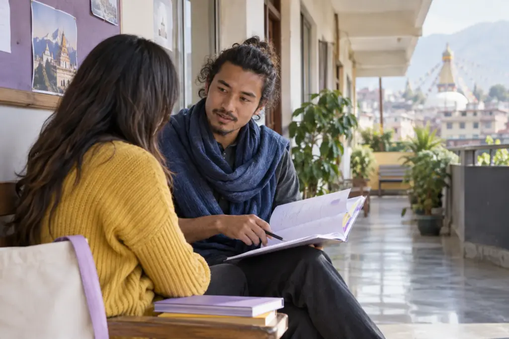 Nepali learner and tutor compare IELTS band score notes in a study centre