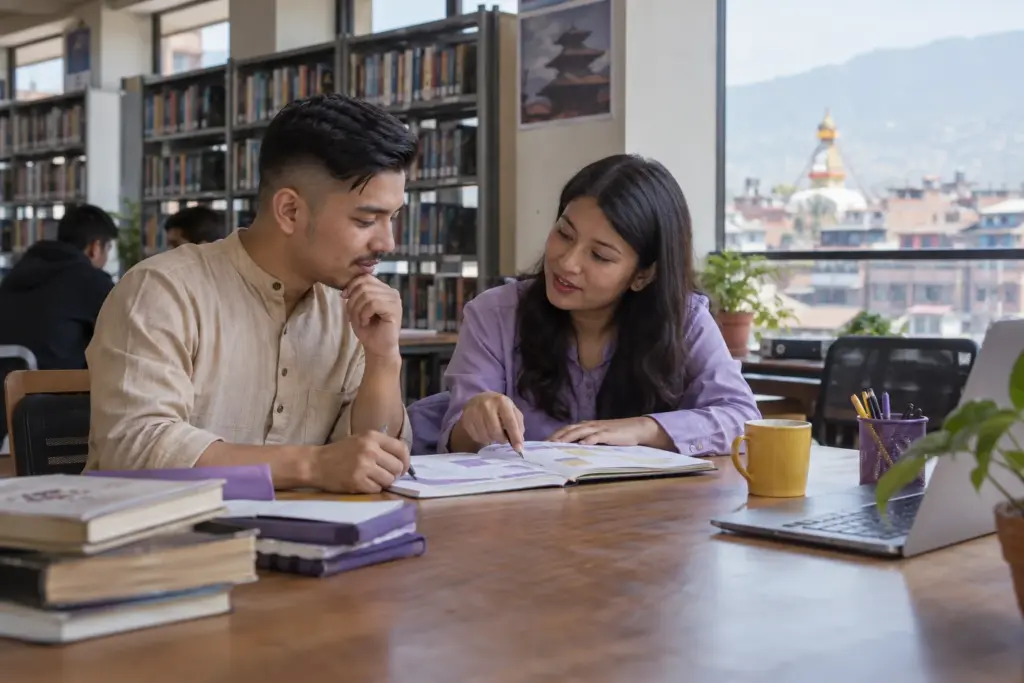 Nepali IELTS learner and tutor review a 30-day study plan at a Kathmandu library table