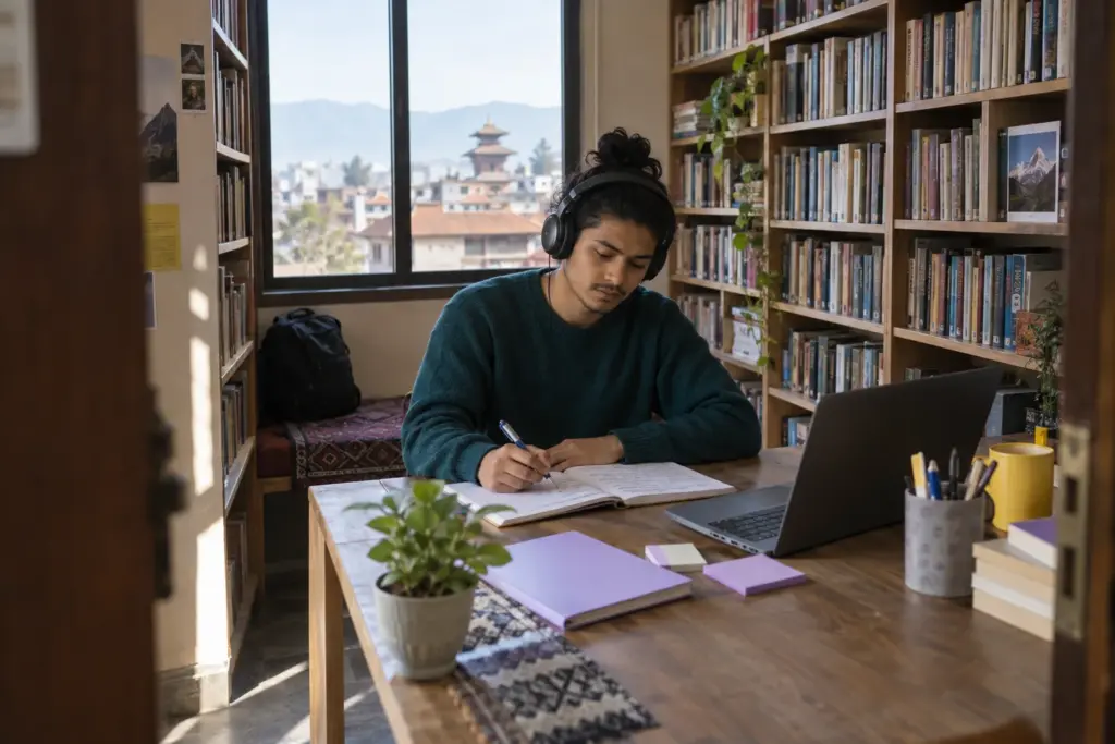Nepali student practises IELTS Listening with headphones and notes in a library