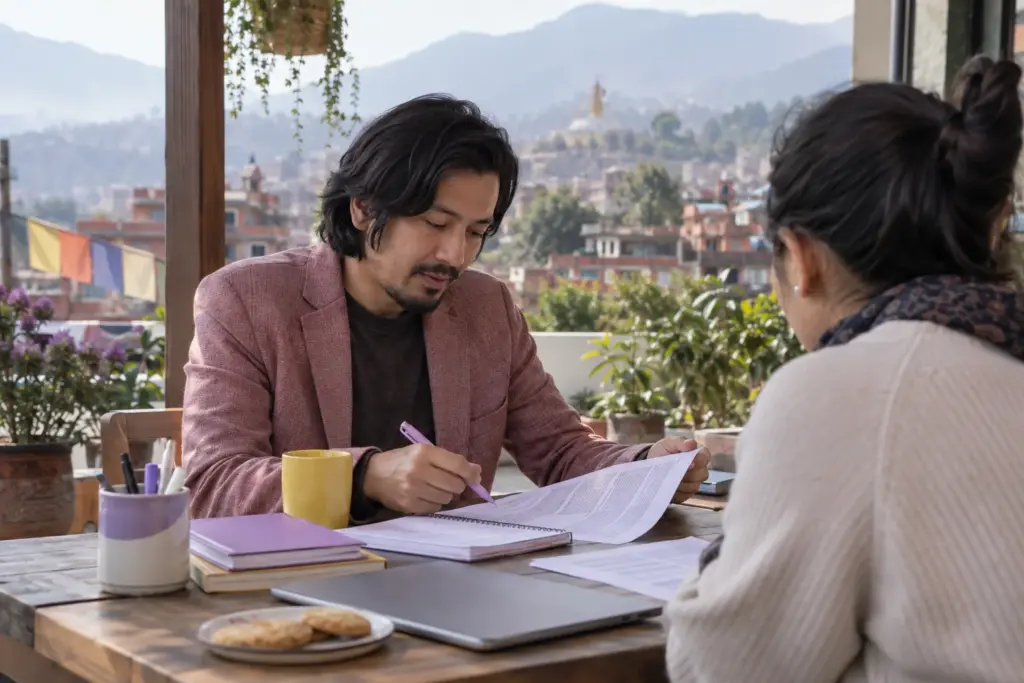 Nepali IELTS learner annotates a reading passage with a tutor on a Kathmandu terrace