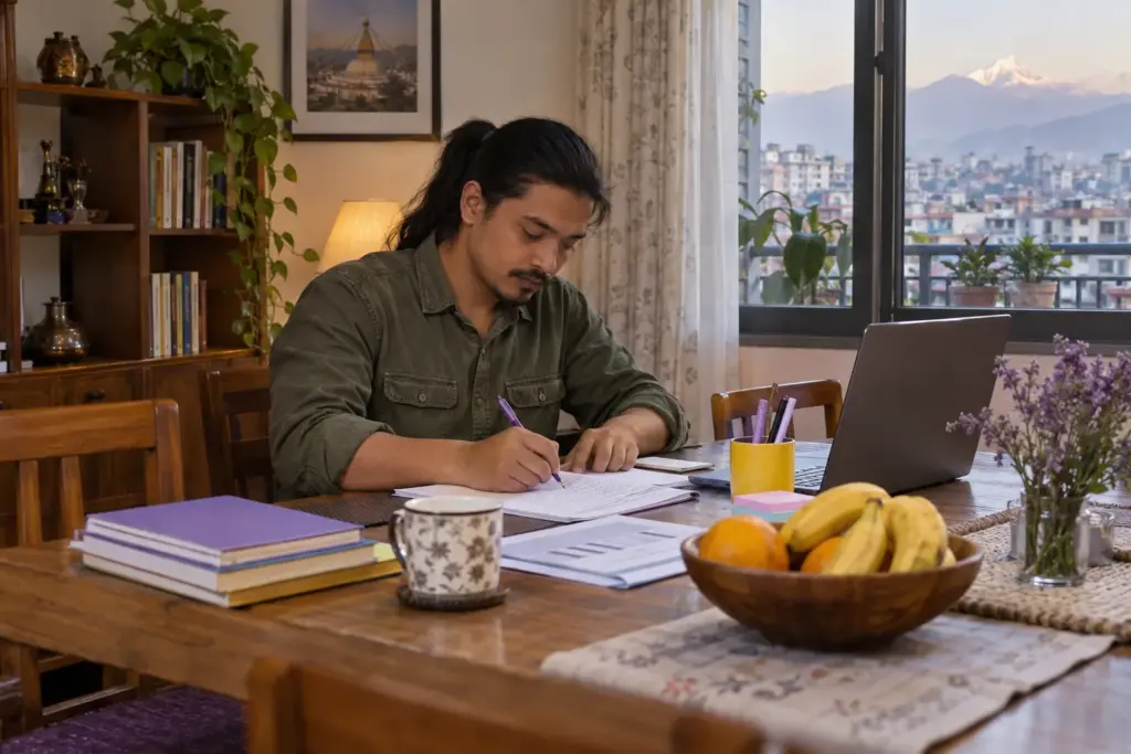 Nepali student drafts IELTS Writing Task 1 at a home study table