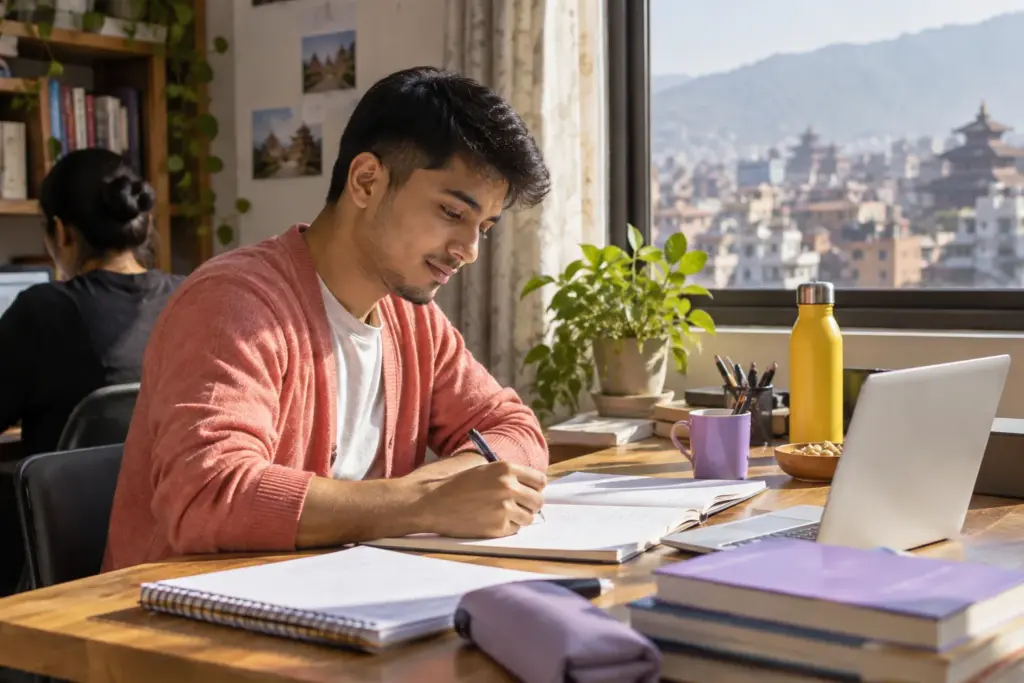 Nepali learner writes an IELTS Writing Task 2 essay beside a laptop