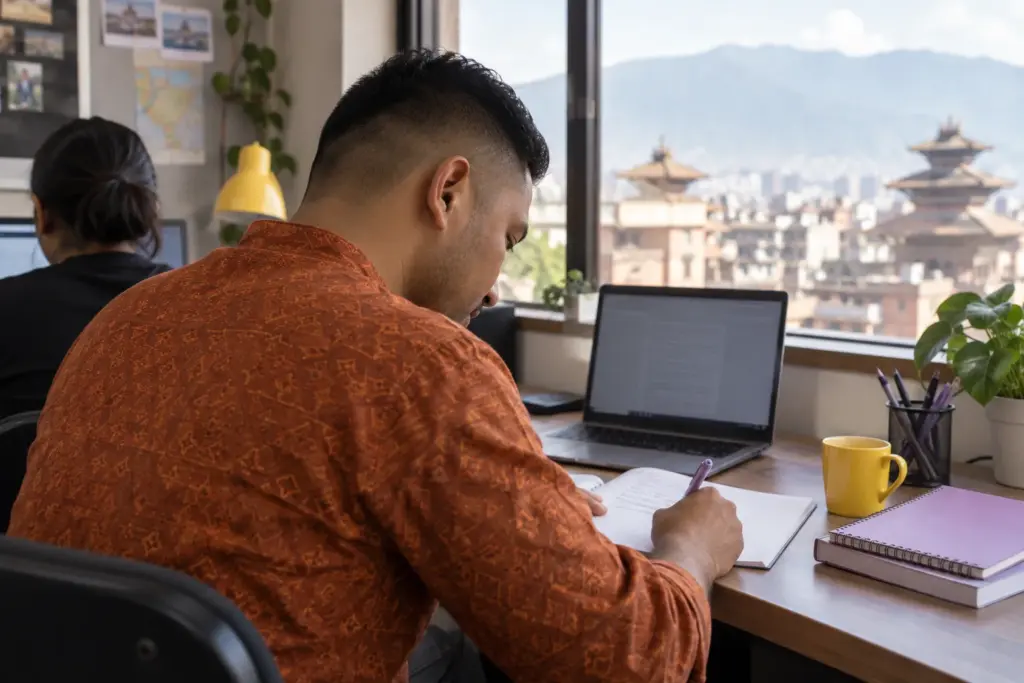 Nepali learner studies IELTS Writing band descriptors while drafting an essay