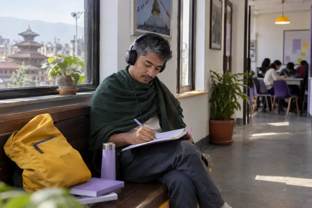 IELTS Listening learner practises map labelling with headphones and notes