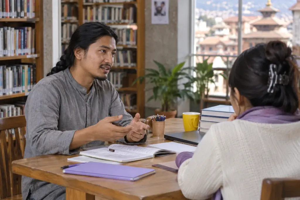 IELTS Speaking cue card practice with a Nepali learner and tutor in a library