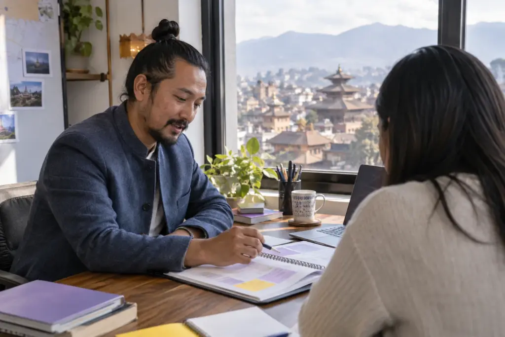 Nepali IELTS learner reviews an Australia study plan with a tutor beside a window