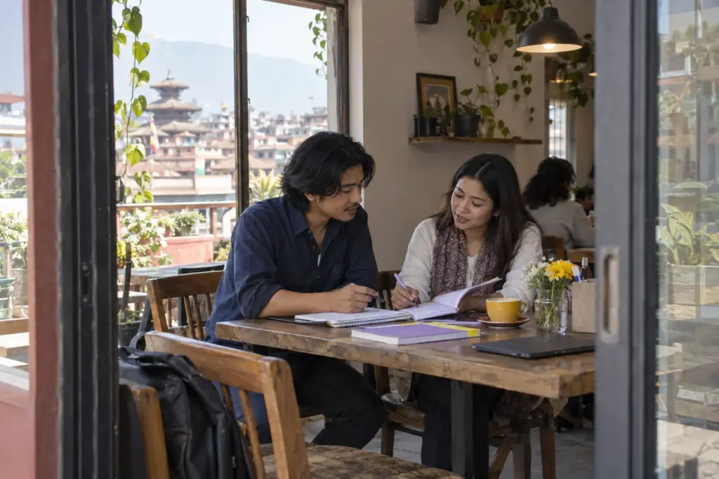 Nepali learner discusses IELTS preparation for Canada at a cafe study table