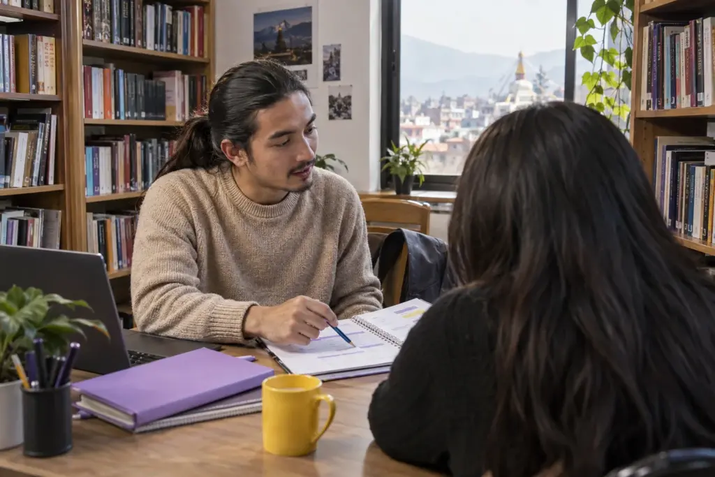 Student and adviser review IELTS notes for US university applications in a library