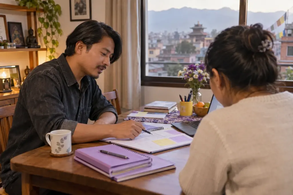 Nursing applicant studies IELTS notes at a home table