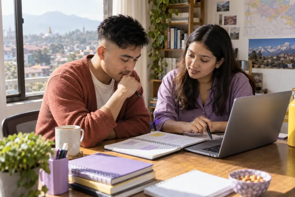 Masters applicant prepares IELTS study notes beside a laptop