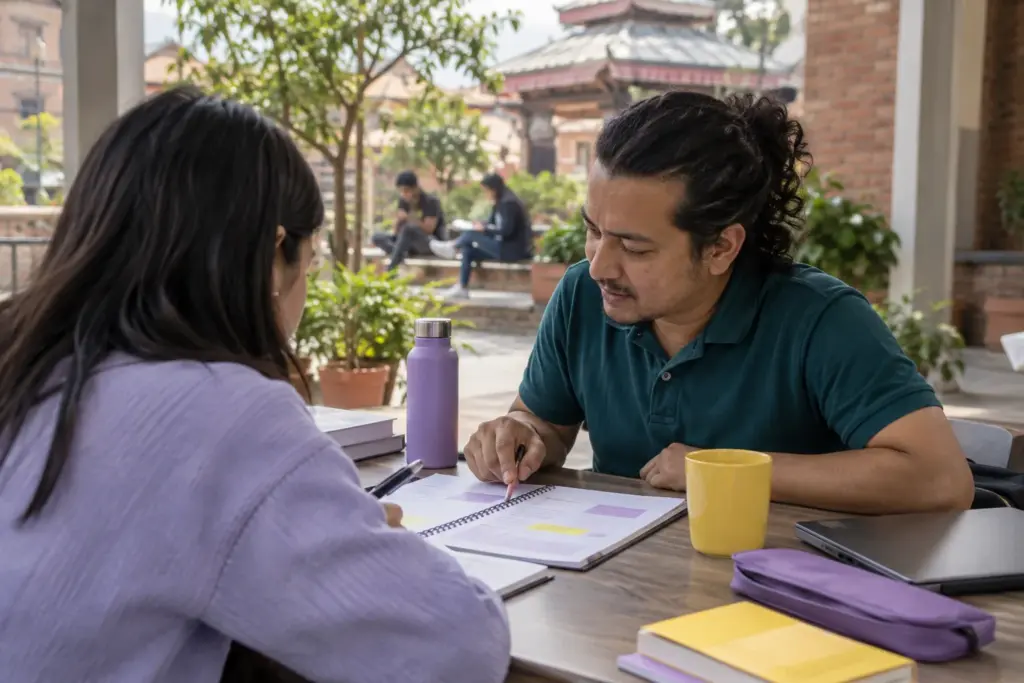 Undergraduate student plans IELTS preparation at a Kathmandu campus table