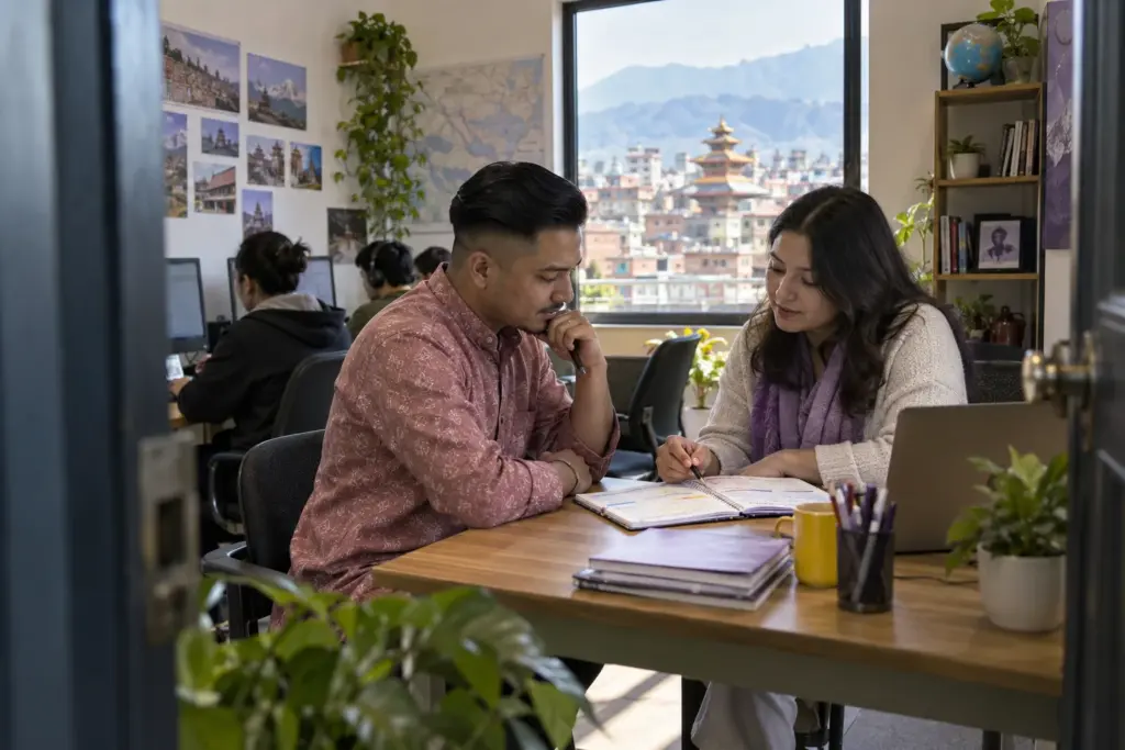 IELTS learner studies on a computer with migration planning notes