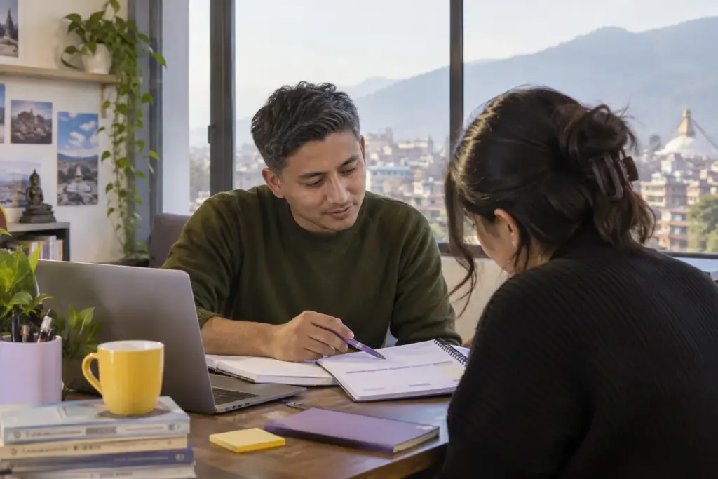 IELTS candidate checks a preparation plan at a shared study desk