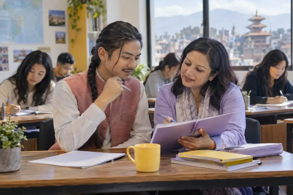 IELTS students review test section notes in a classroom
