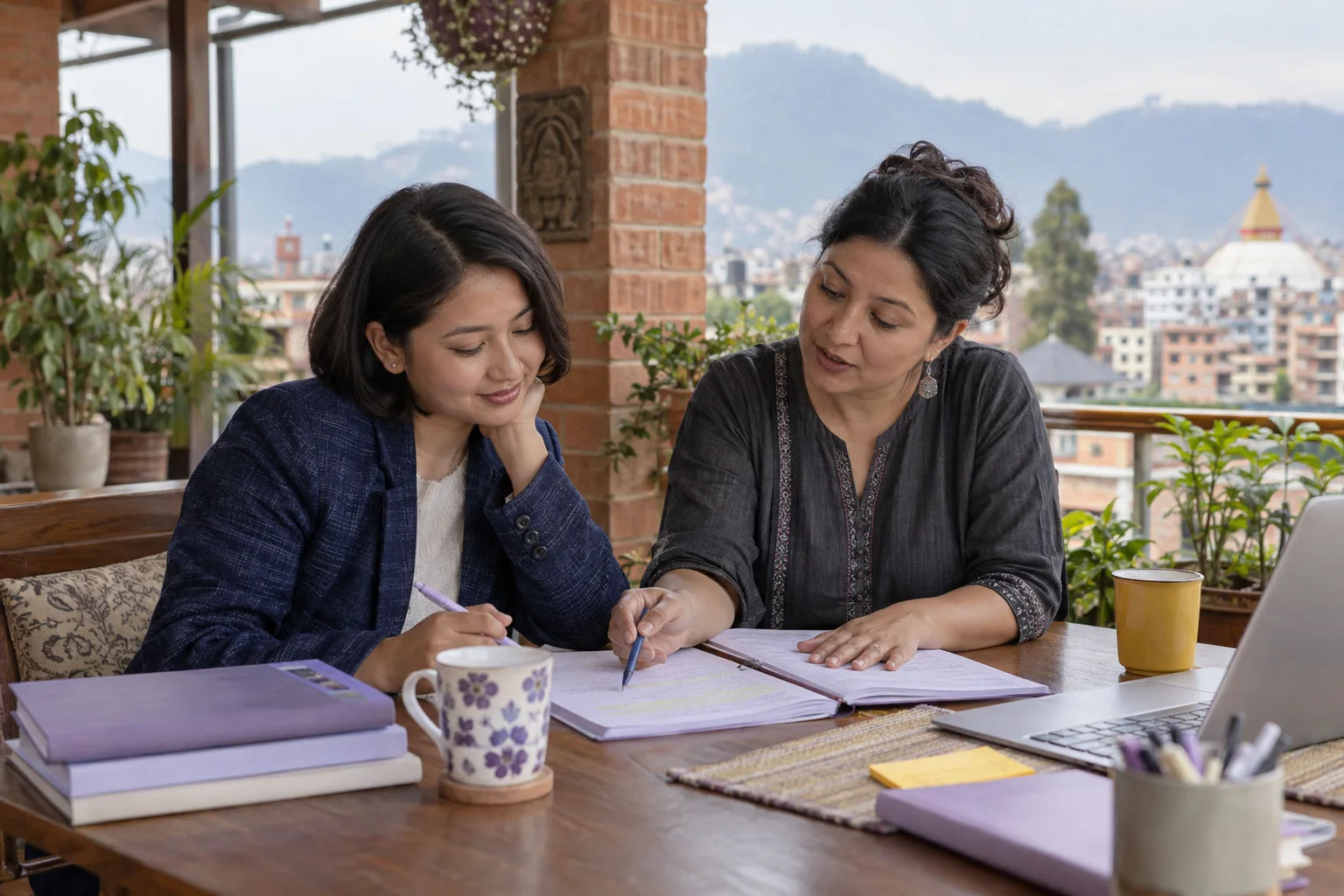 Learner and tutor discuss IELTS test format at a terrace study table
