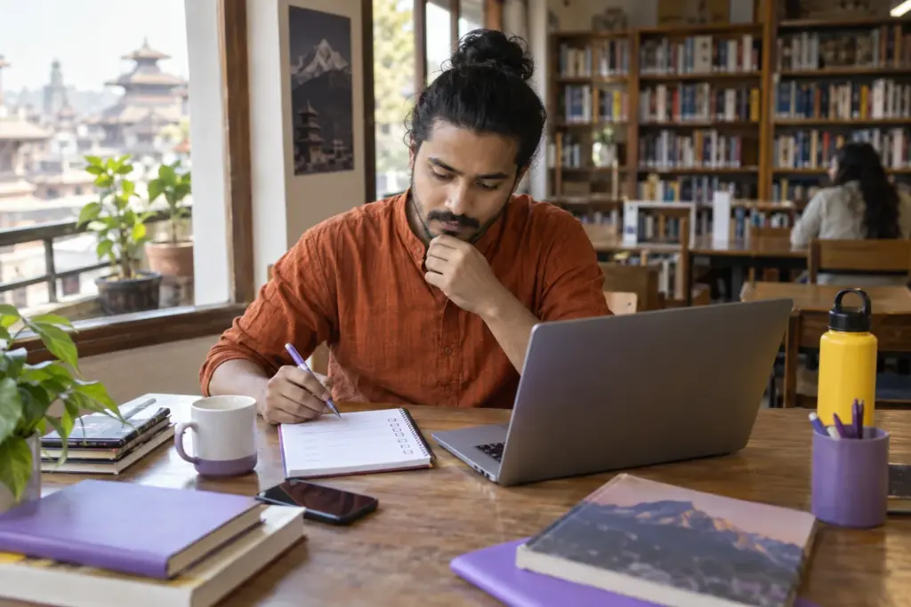 IELTS candidate reviews retake study notes in a library