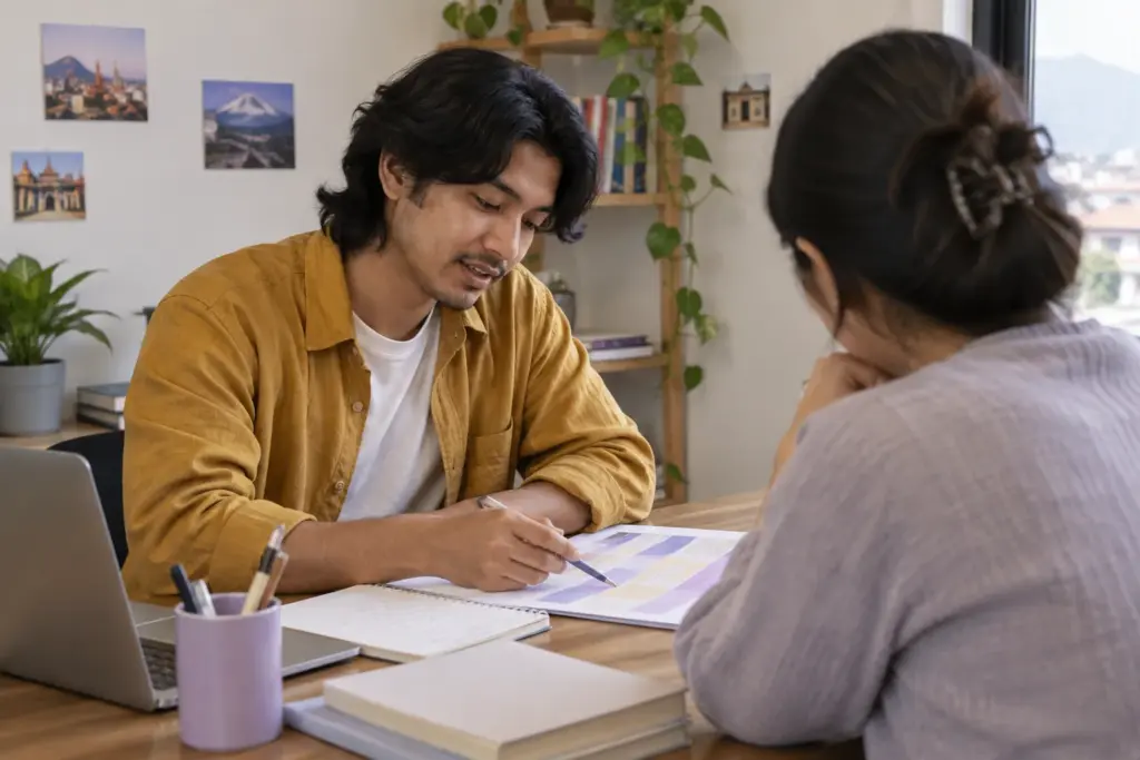 Tutor reviews an IELTS diagnostic study sheet with a learner