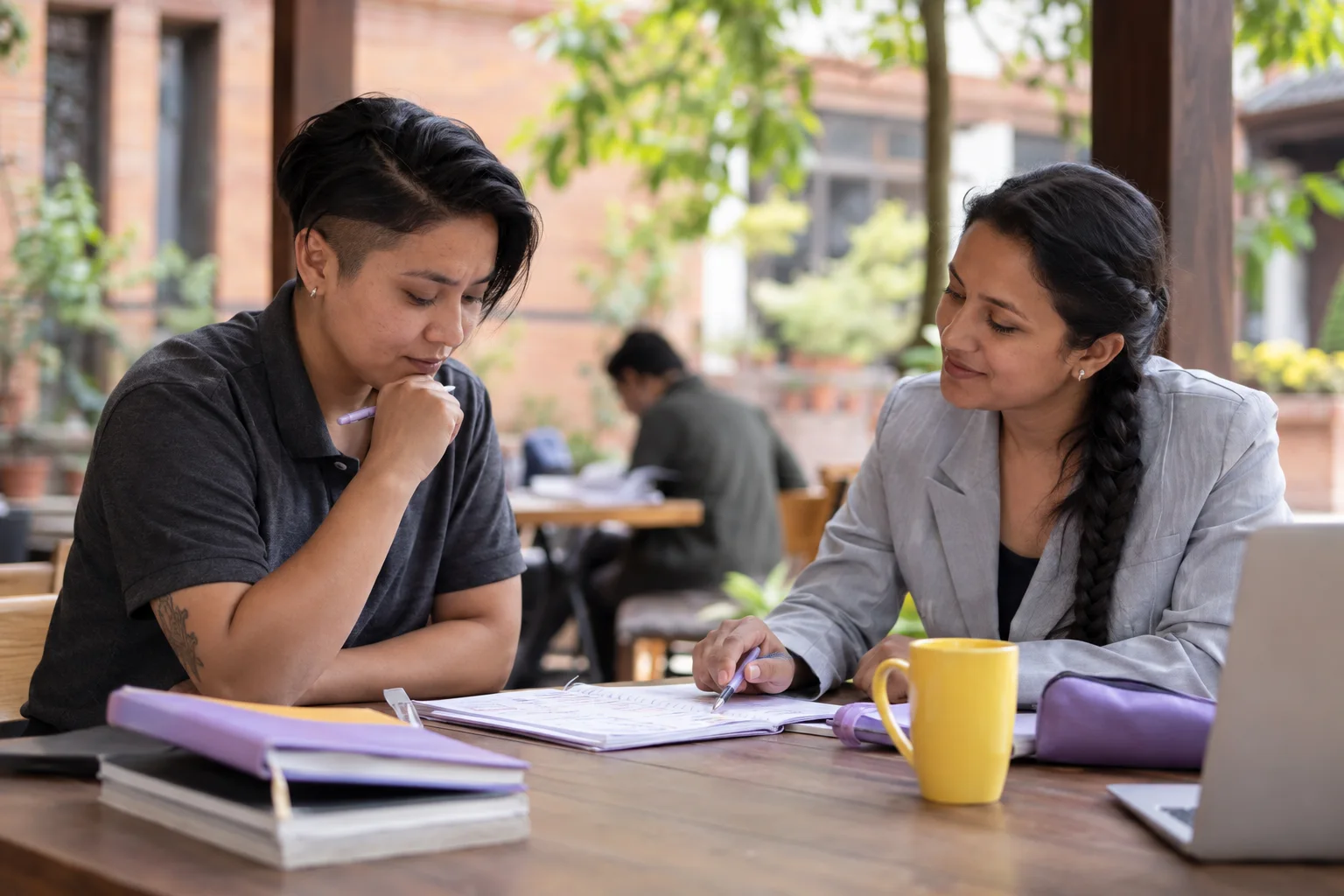 IELTS student and mentor check written practice results at an outdoor table