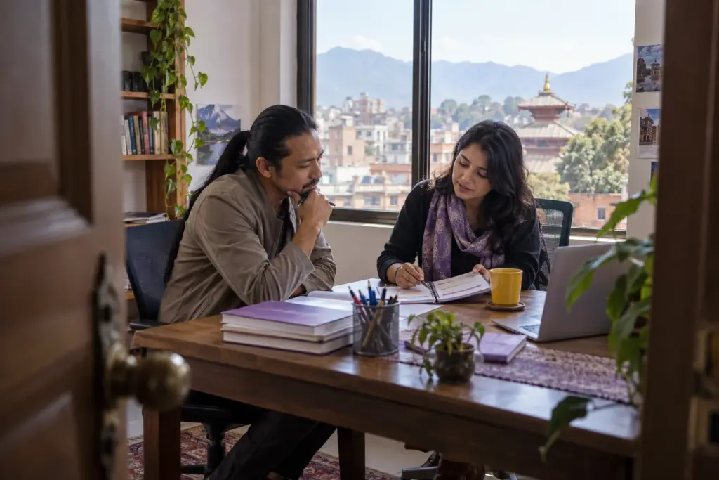 Learner and tutor review IELTS preparation resources beside a laptop