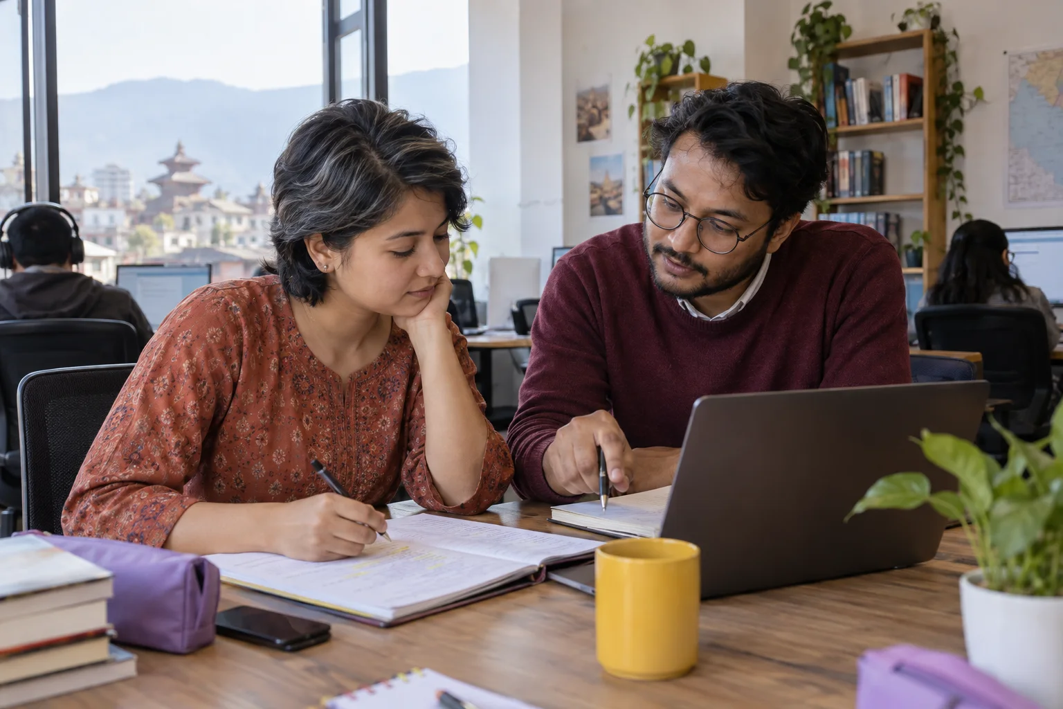IELTS student studies official practice materials with a mentor in a library