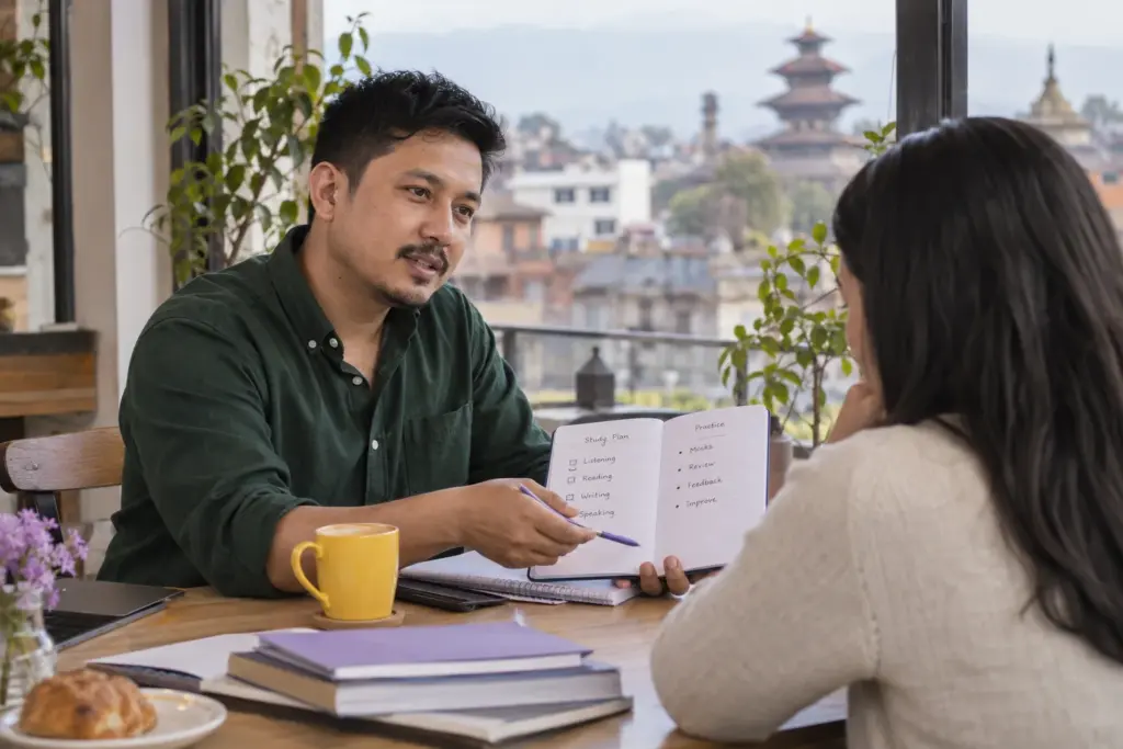 Tutor discusses an IELTS self study and coaching plan with a student