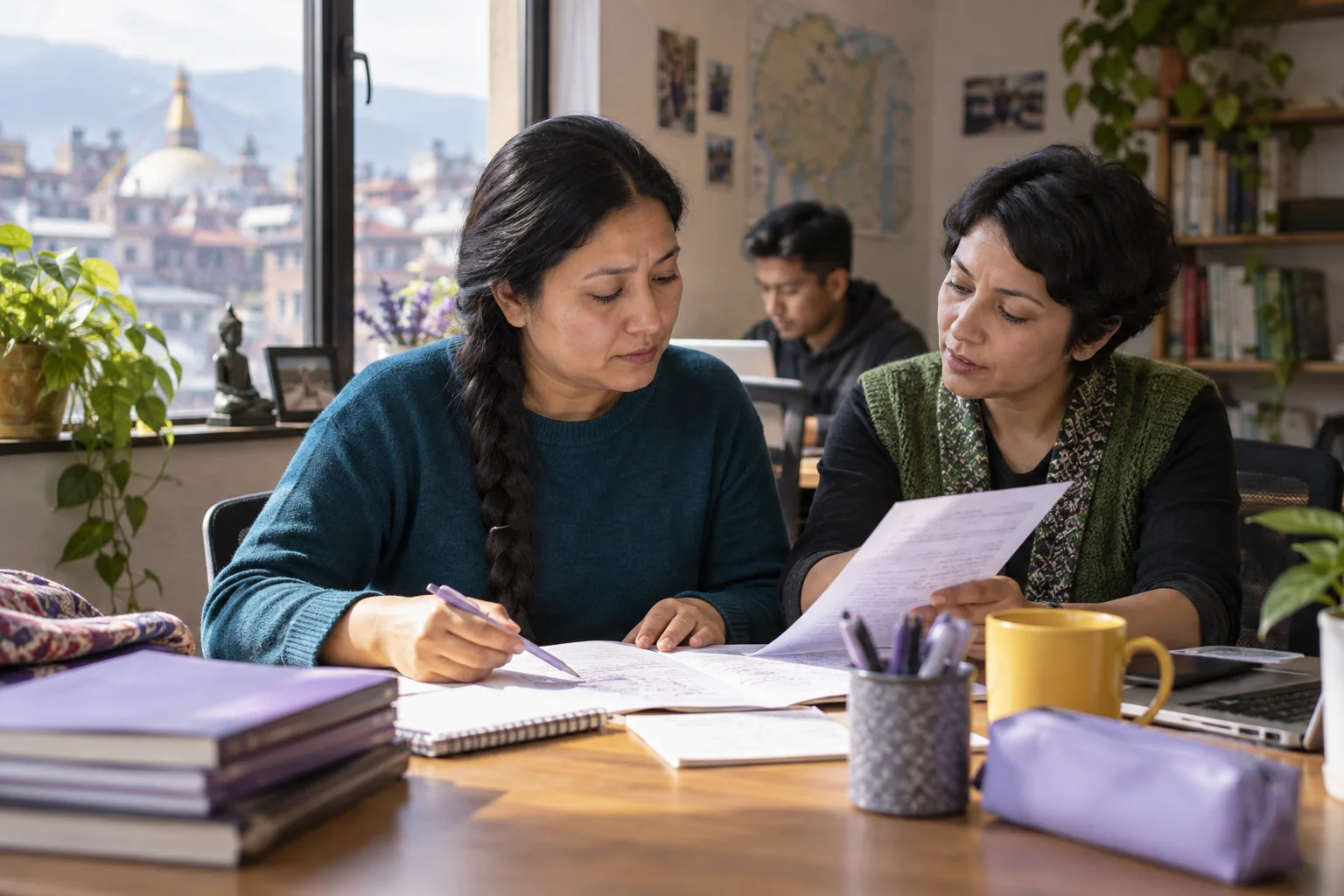 Two learners compare IELTS practice notes at a study table