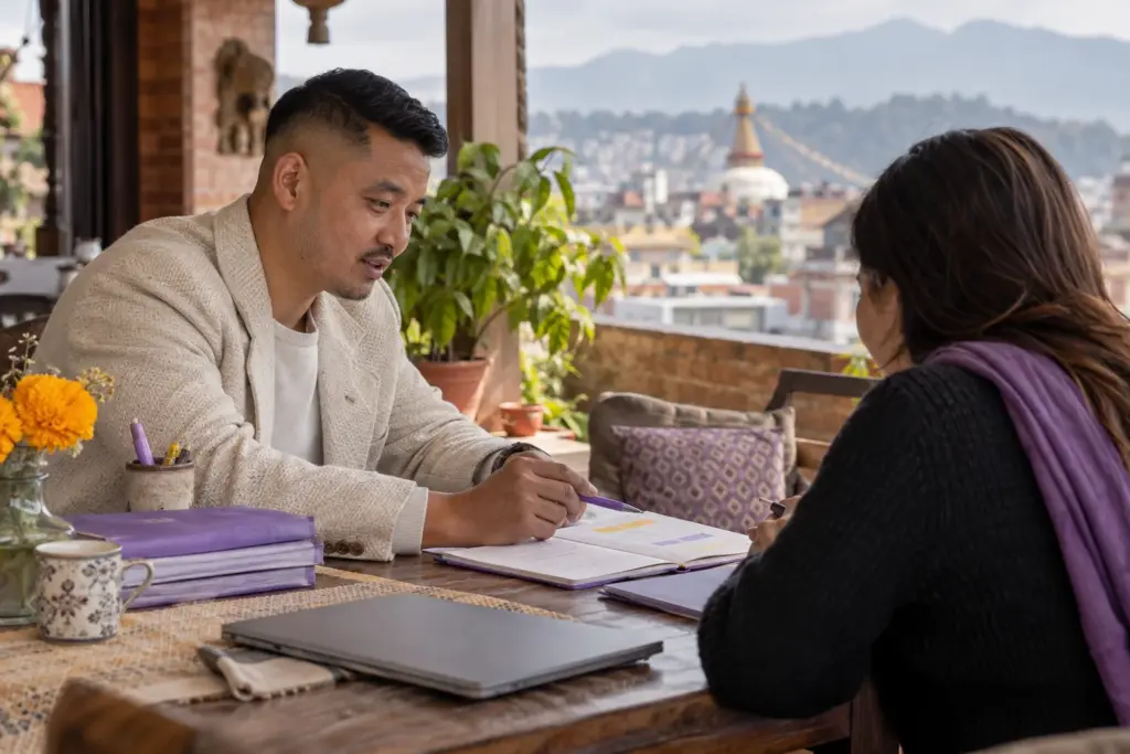 Tutor reviews IELTS vocabulary practice with a student on a terrace