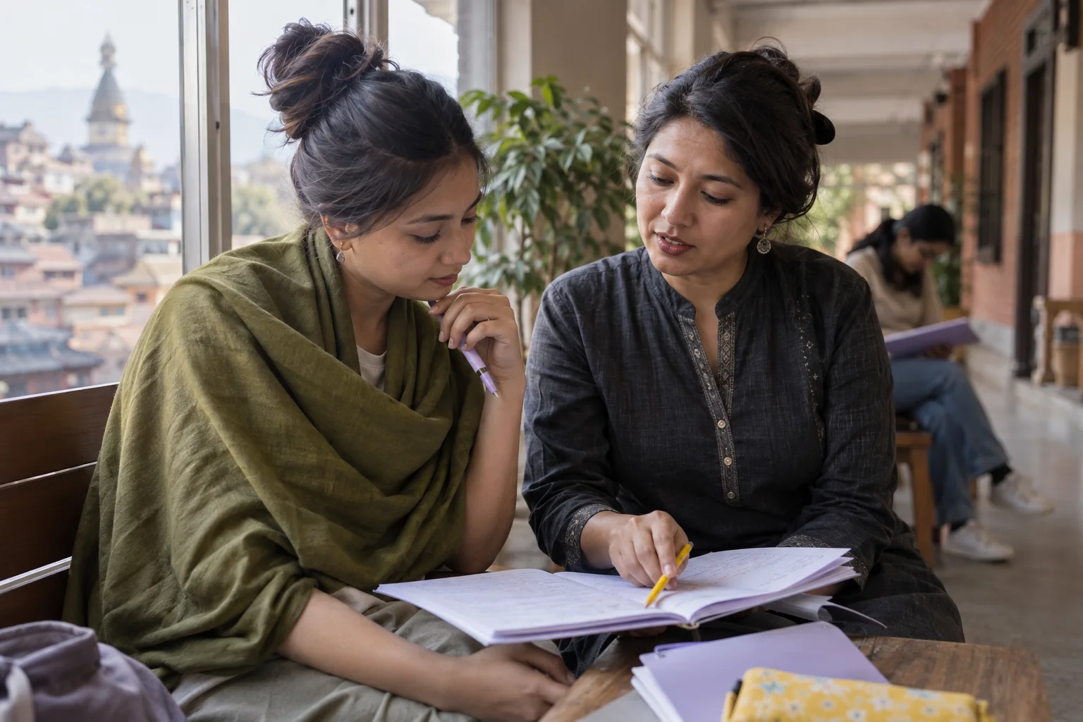Two IELTS learners discuss vocabulary notes in a notebook