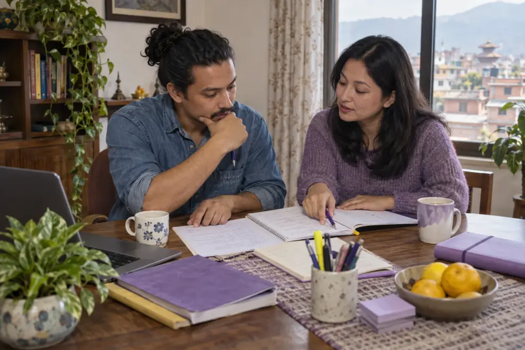Student checks IELTS grammar practice with a tutor at a desk