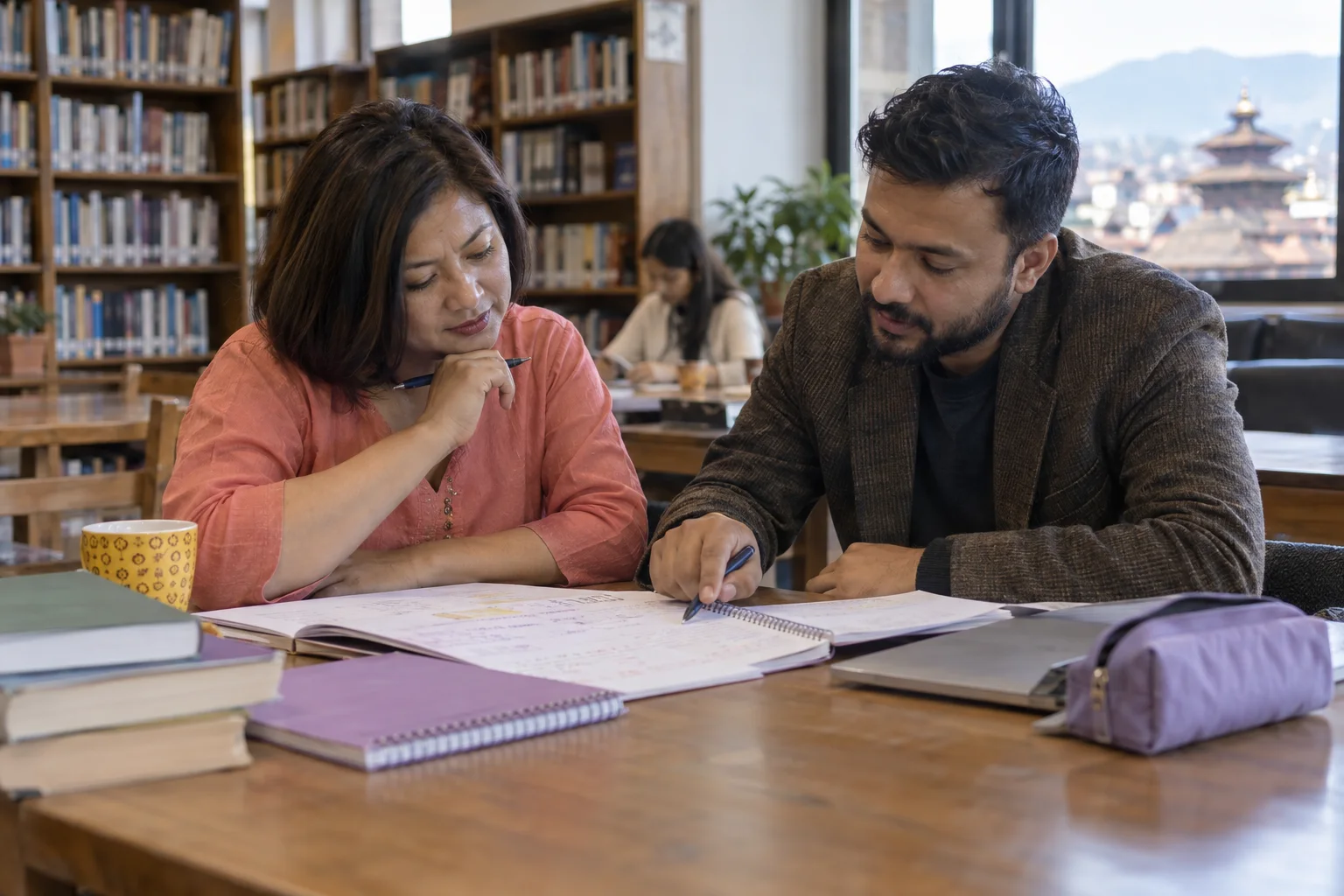 IELTS learners review sentence corrections in a library
