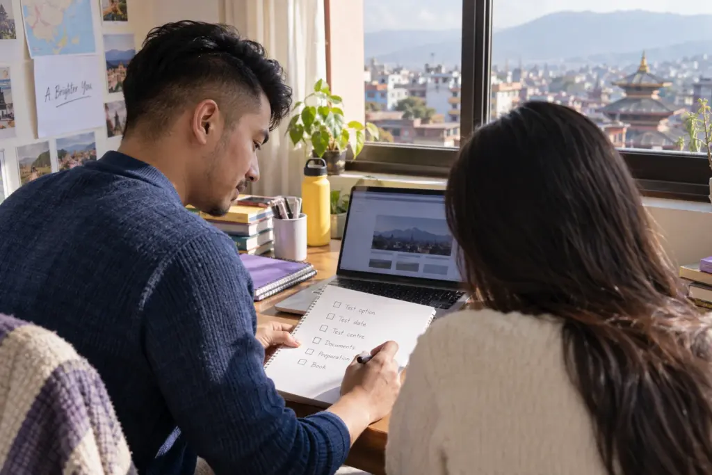 Student checks IELTS test booking options beside a laptop